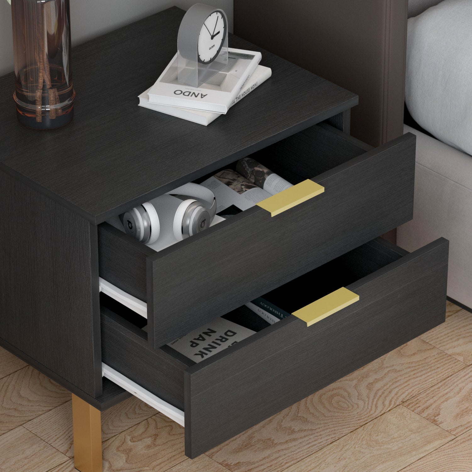 Nightstand with 2 Drawers End Table with Gold Metal Legs for Bedroom