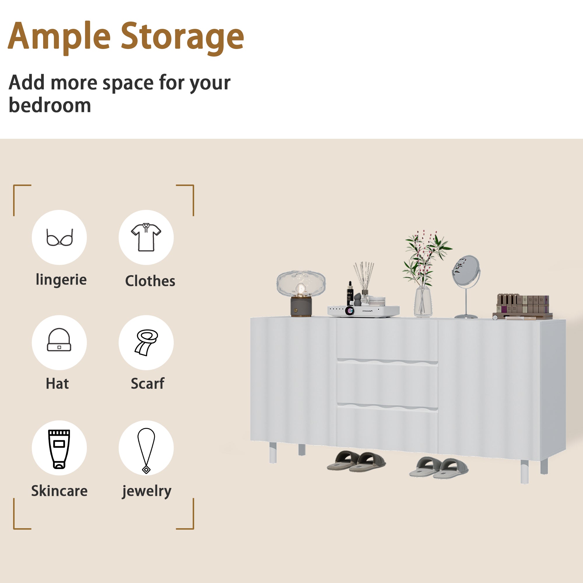 61" Wide White Accent Cabinet With 3 Drawers & 2 Doors