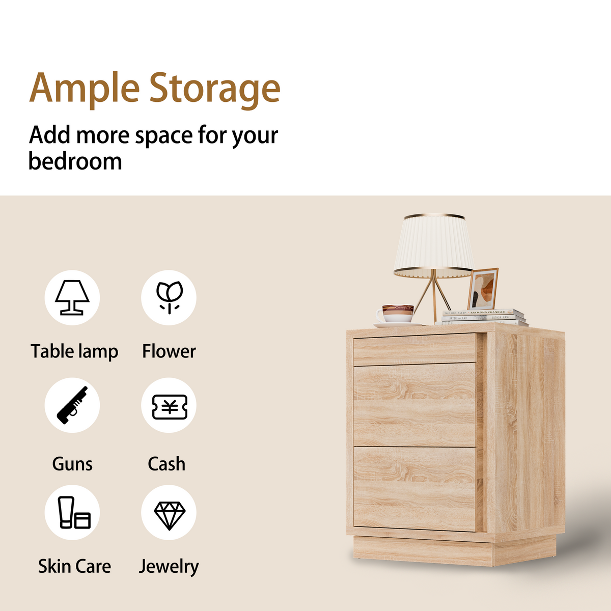 23.6" Oak Engineered Wood 3-Drawer Lockable Smart Nightstand with Hidden Gun Storage Cabinet