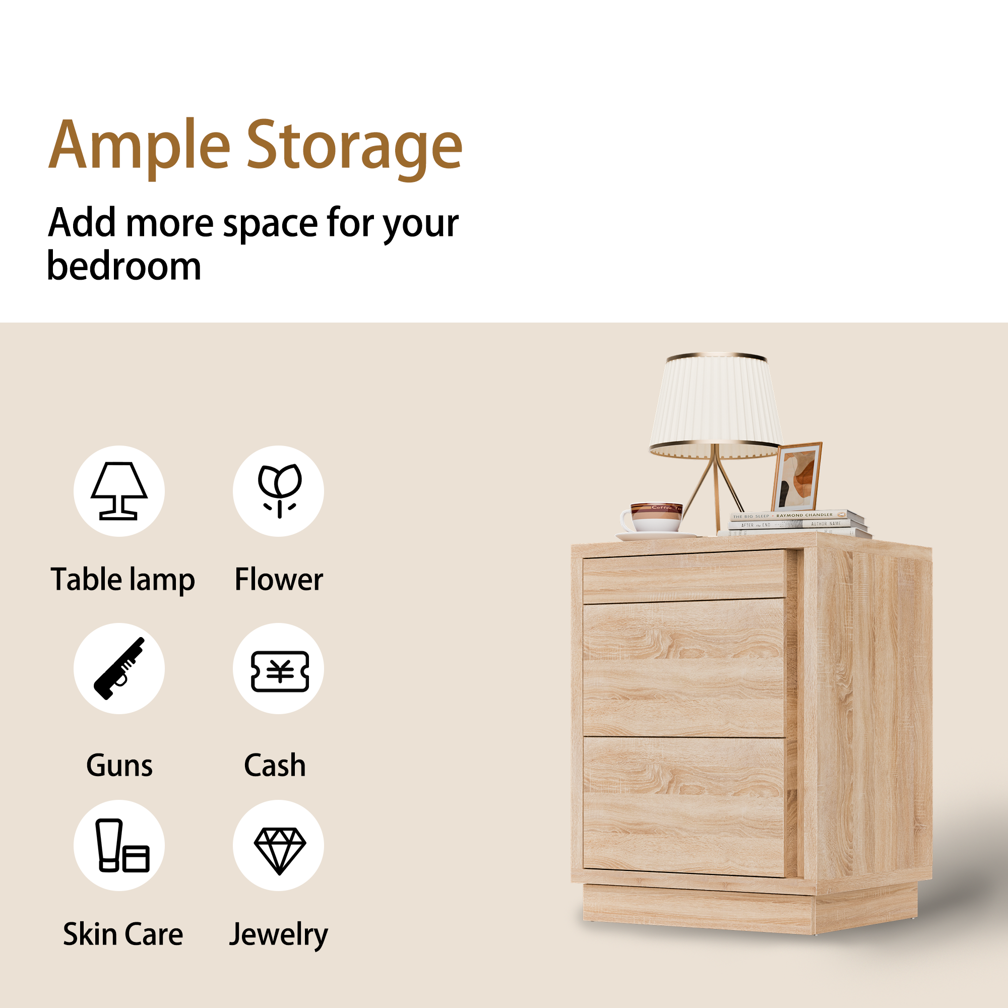 23.6 Inches Oak Engineered Wood 3-Drawer Lockable Smart Nightstand with Hidden Gun Storage Cabinet