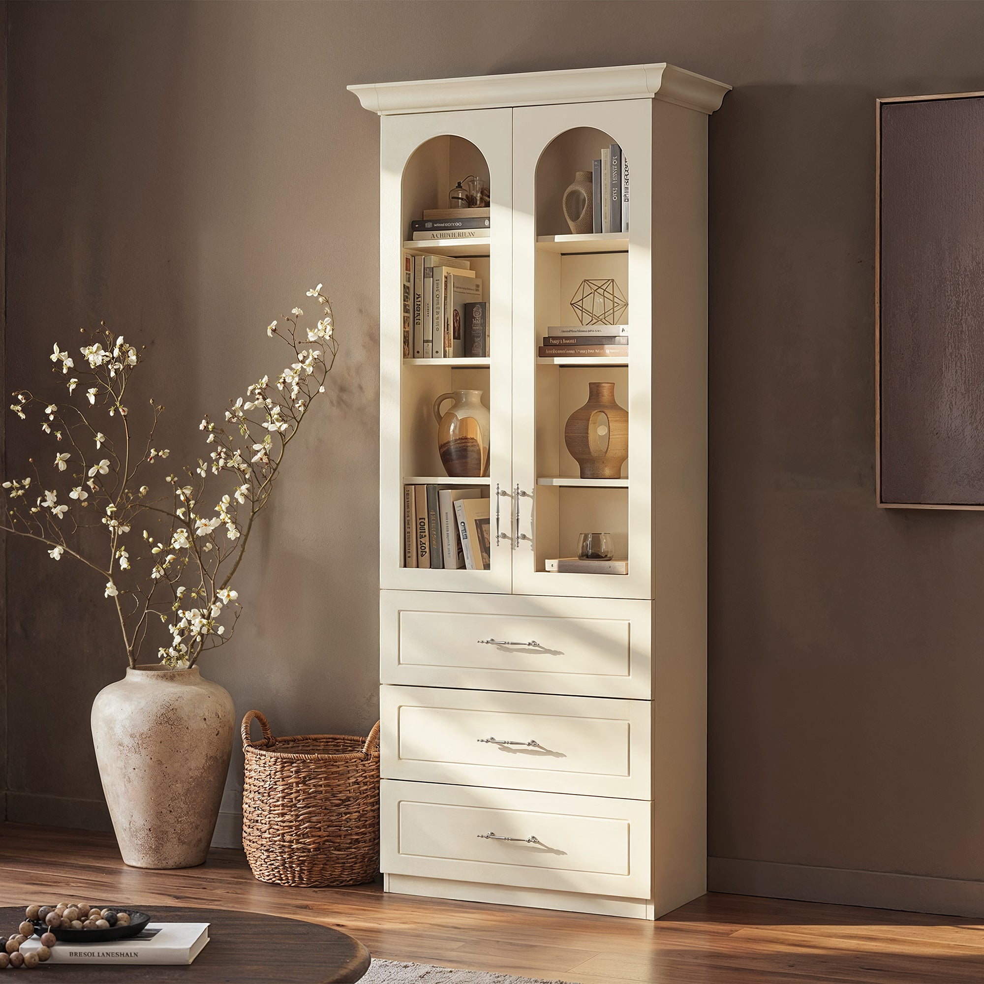 37 in. Modern White Display Cabinet with Arched Glass Doors, LED Lighting and 3 Drawers