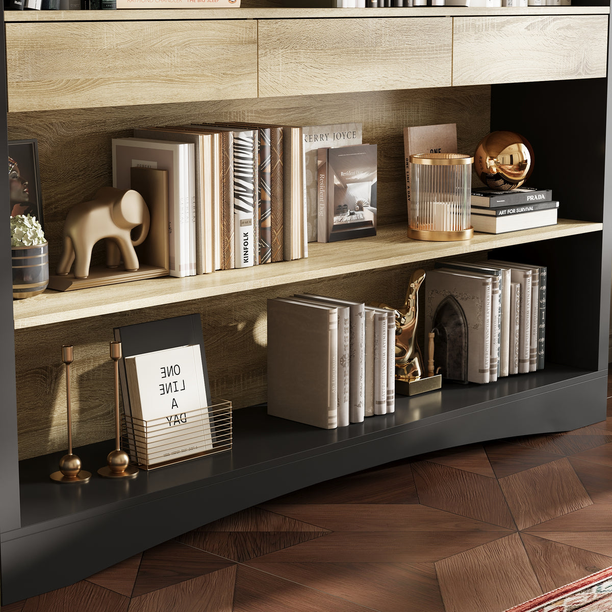 Decorative shelf with books, a lamp, and other items on a wooden floor.