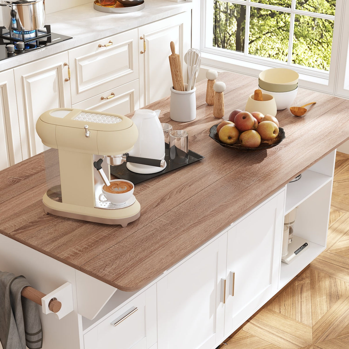 63"W Kitchen Island With Leaf And Wheel