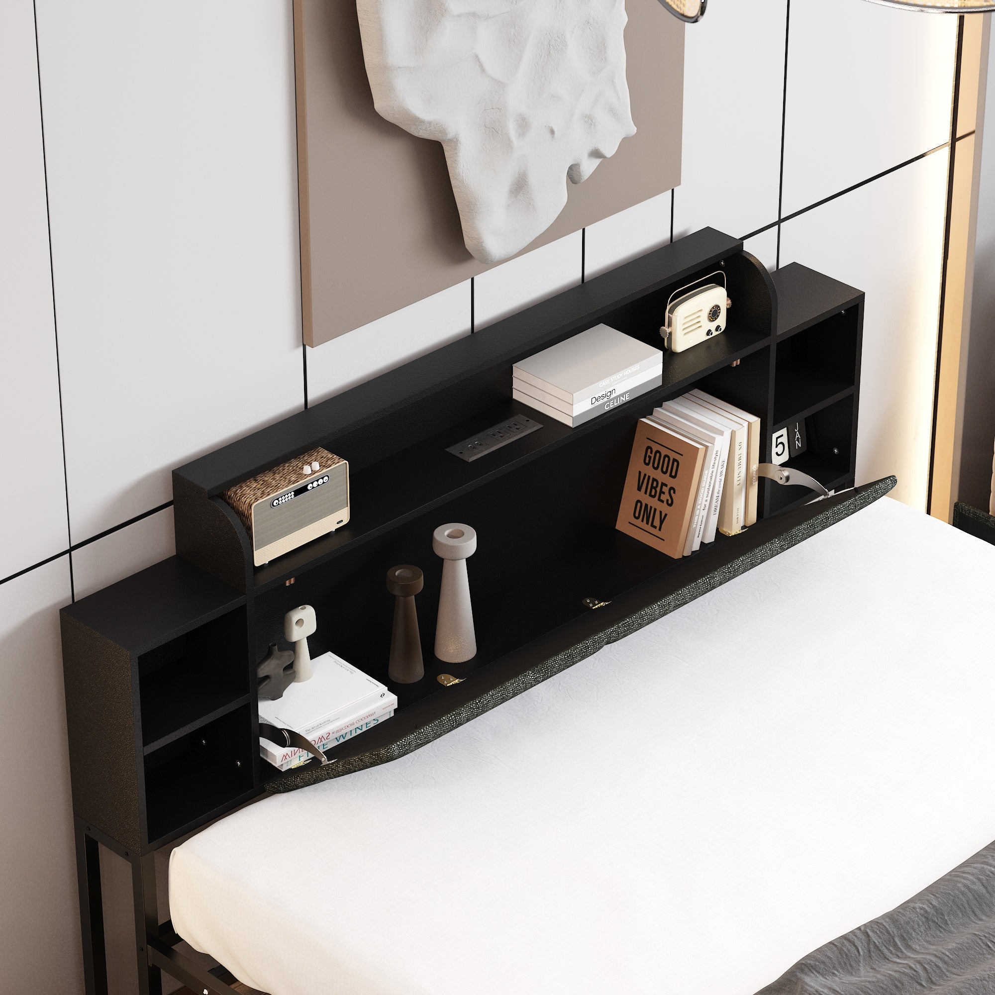 Low Profile Platform Bed With Storage Drawers And Power Outlet