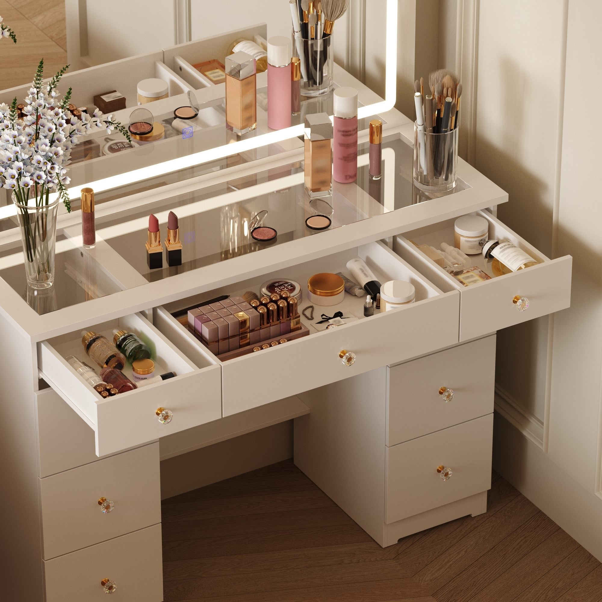 Modern Makeup Vanity With Lighted Mirror And Strong Storage