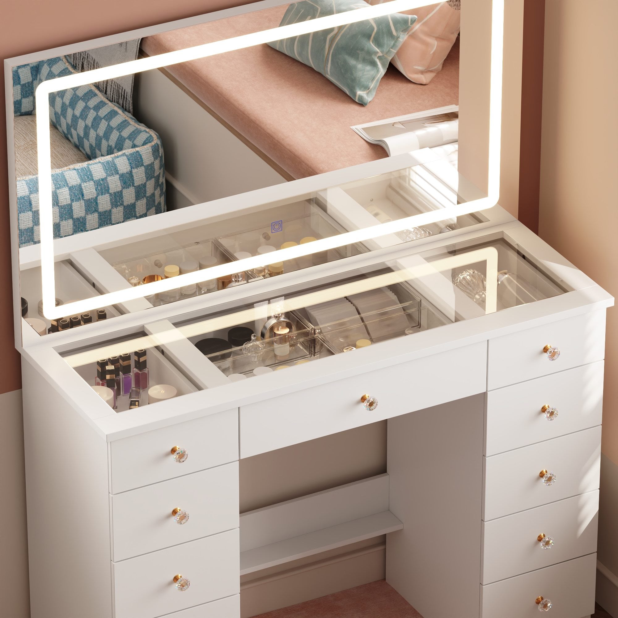 Modern Makeup Vanity With Lighted Mirror And Strong Storage