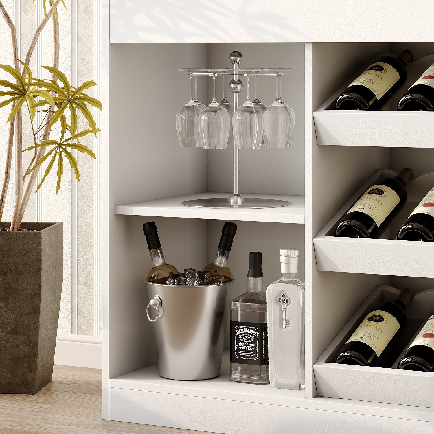 56.3 inches Modern White Wine Bar Cabinet With Light, Home Coffee Cabinet With Wine Shelf And Glass Top