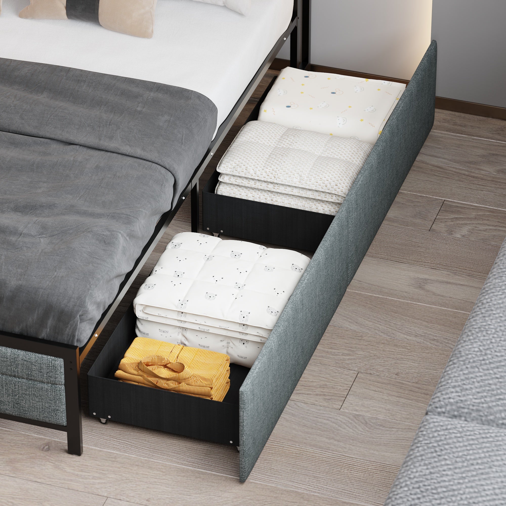 Low Profile Platform Bed With Storage Drawers And Power Outlet