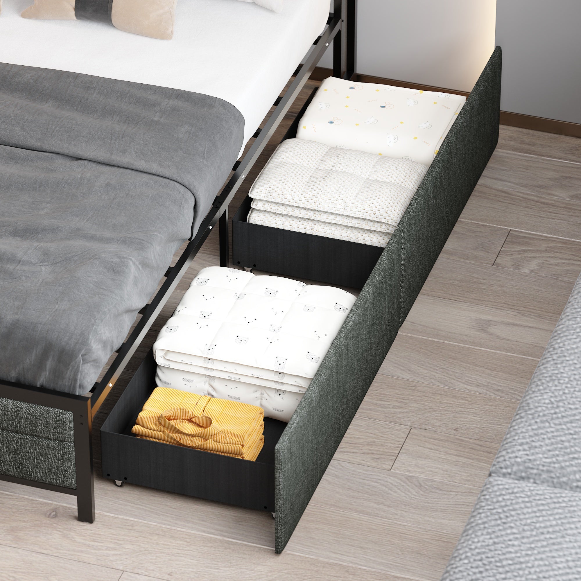 Low Profile Platform Bed With Storage Drawers And Power Outlet