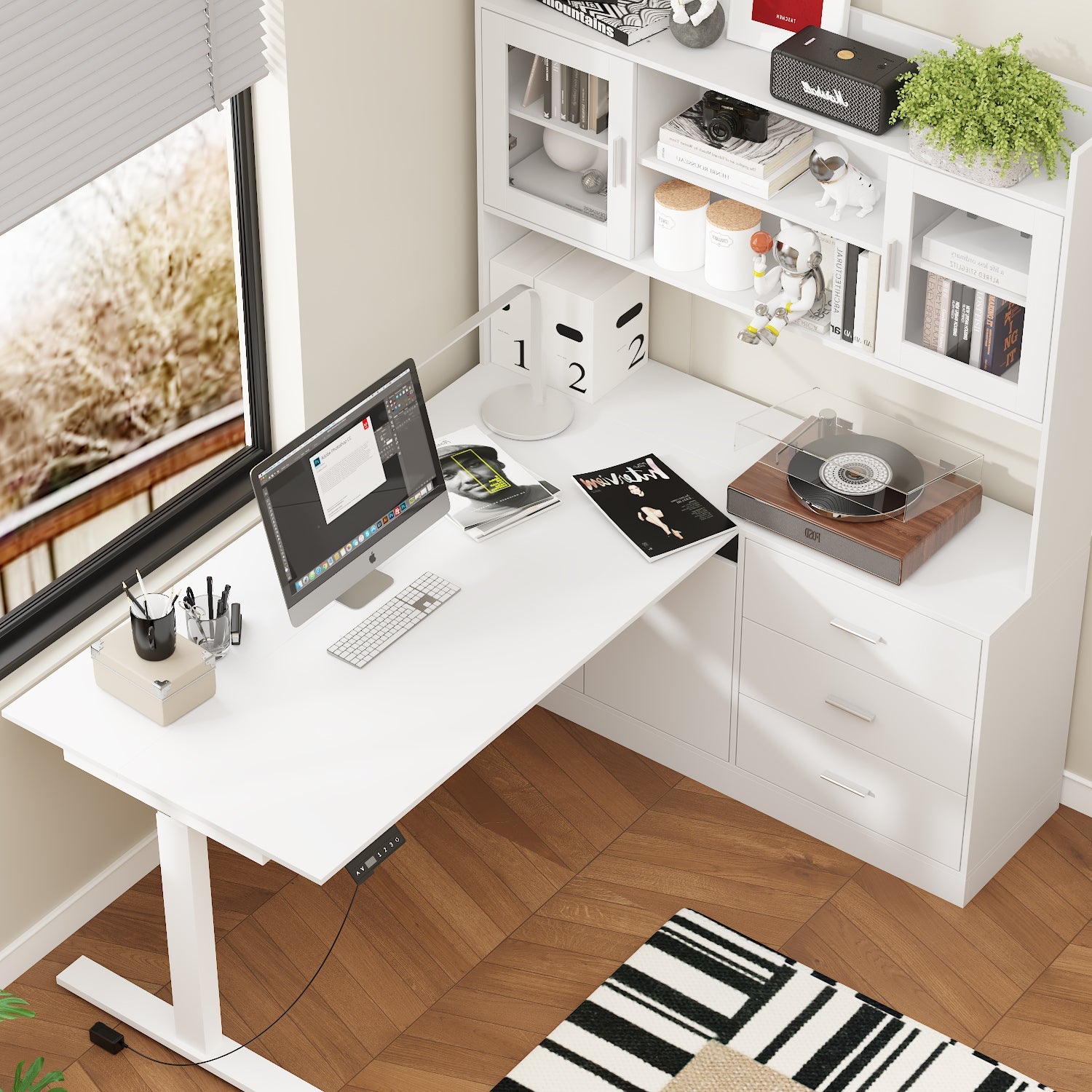 Elevating Computer Desk With 68.5'' W Bookcase