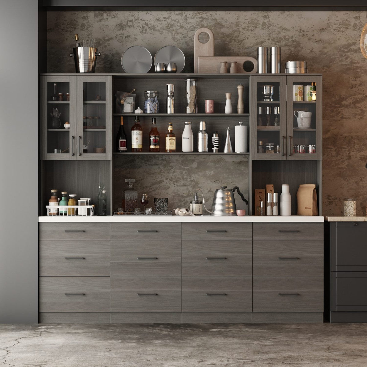 94.5-inch gray food pantry kitchen sideboard with glass-fronted hutch doors and drawers