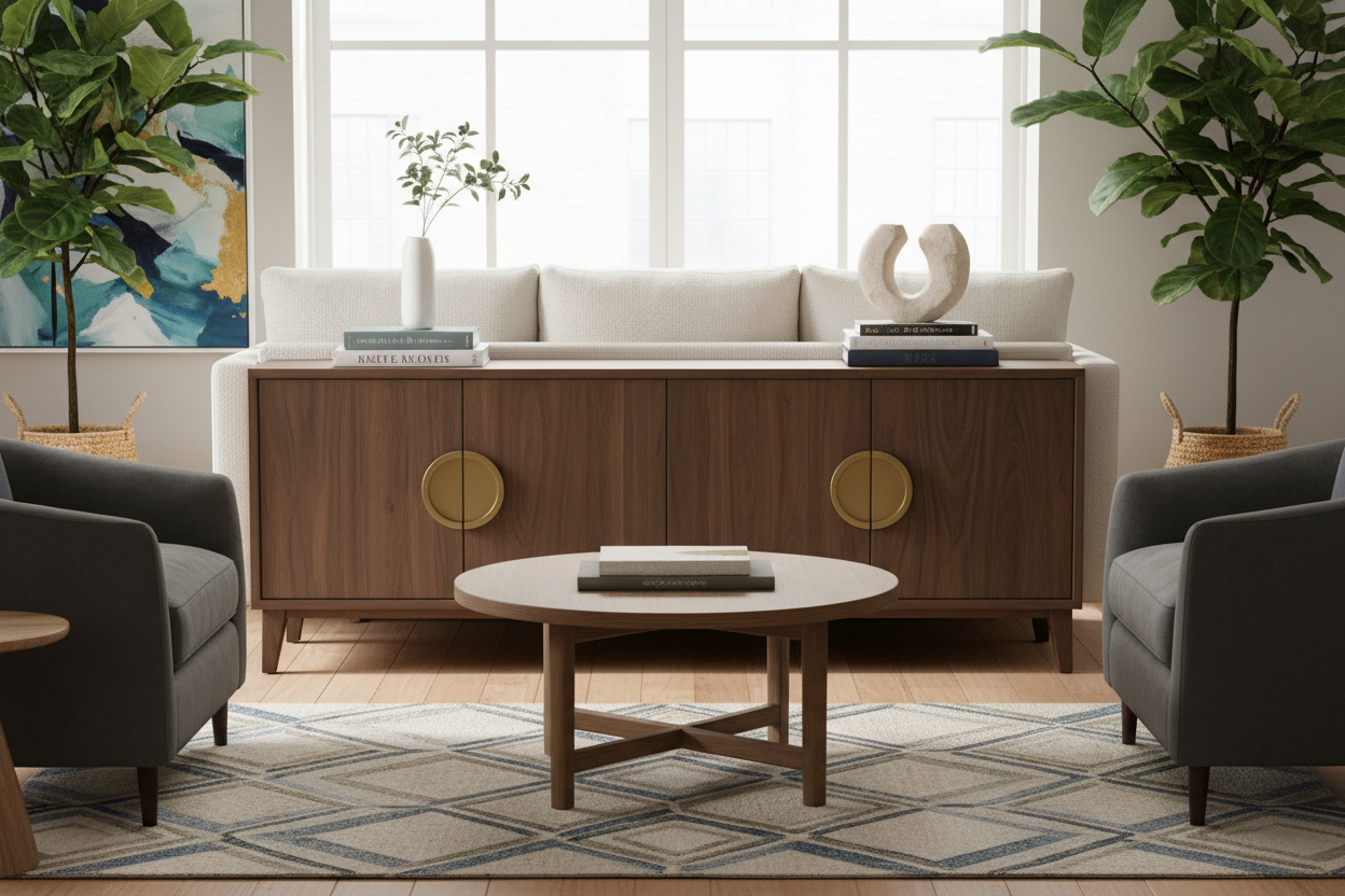 My Favorite Living Room Trick Is a Short Accent Cabinet Behind the Sofa