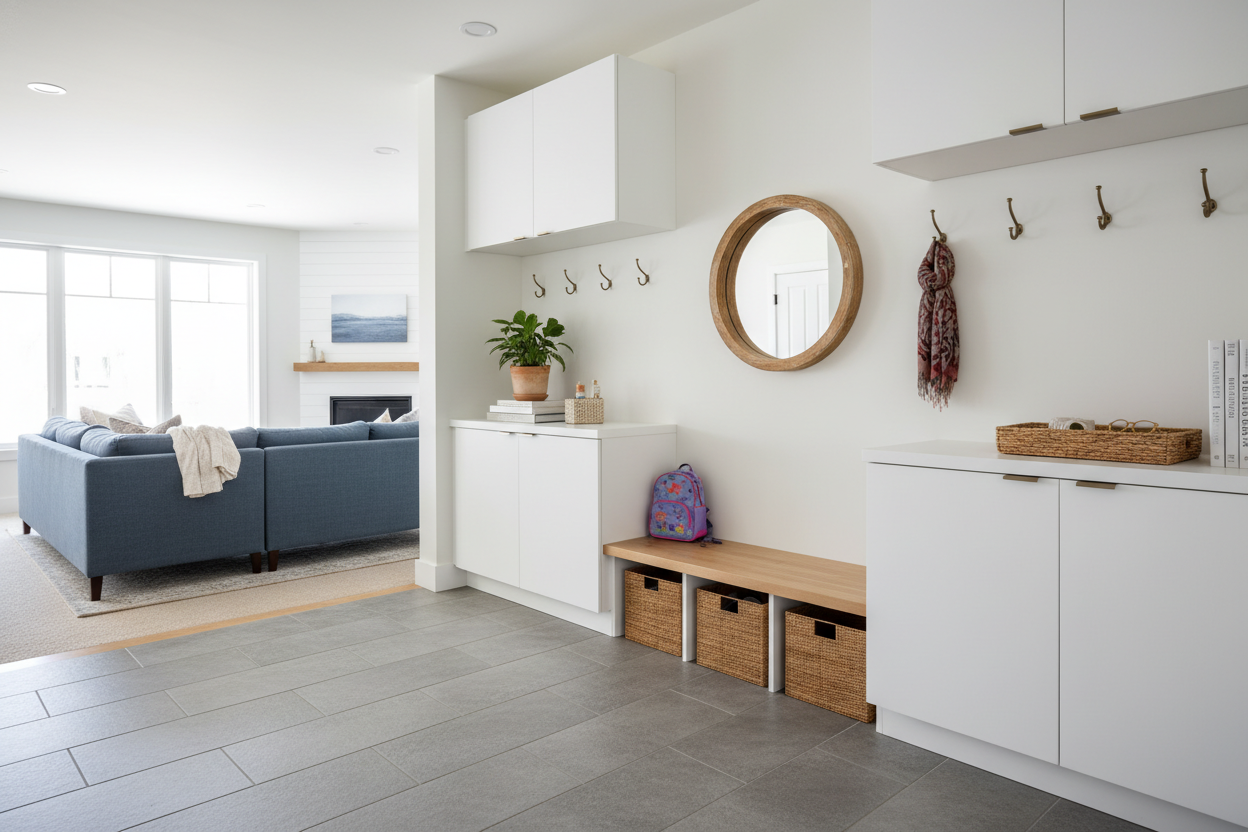 We Turned a Dead Hallway Into a Mudroom Using Long Cabinets With Doors