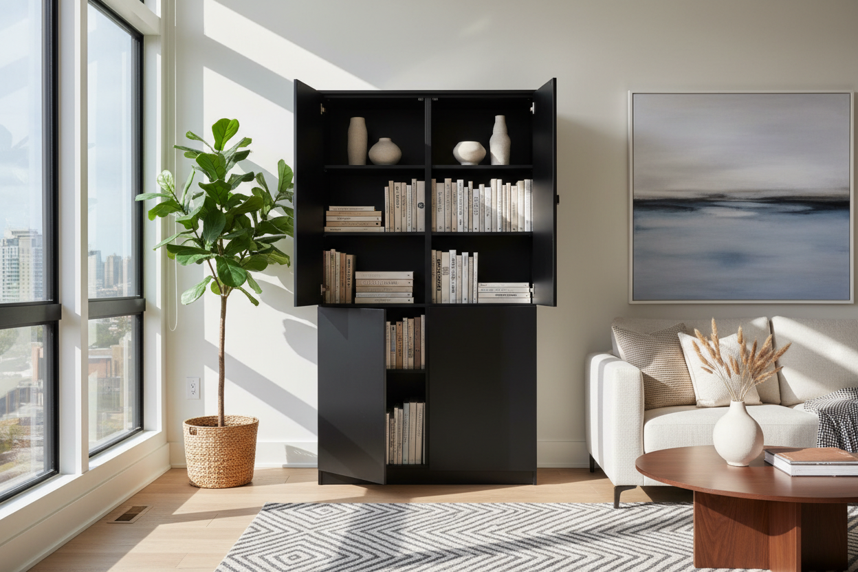 Why I Hid My 'Shelfie' Clutter in a Black Storage Cabinet With Shelves