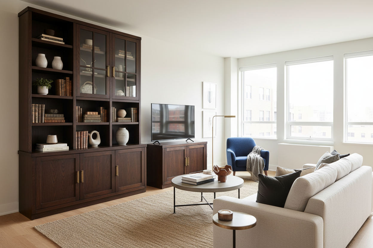 I Cured My 'White Box' Apartment With a Storage Cabinet Dark Wood