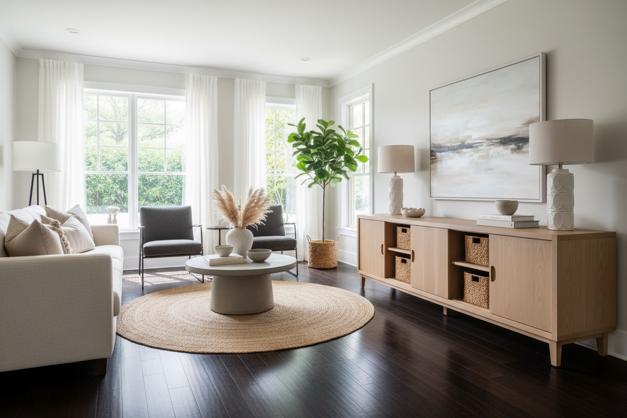 How to Mix a Light Wood Storage Cabinet With Your Dark Floors