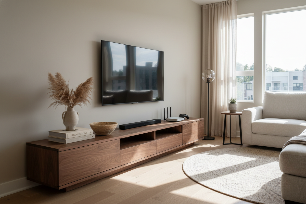 How a Walnut TV Stand Finally Warmed Up My Tech-Heavy Living Room