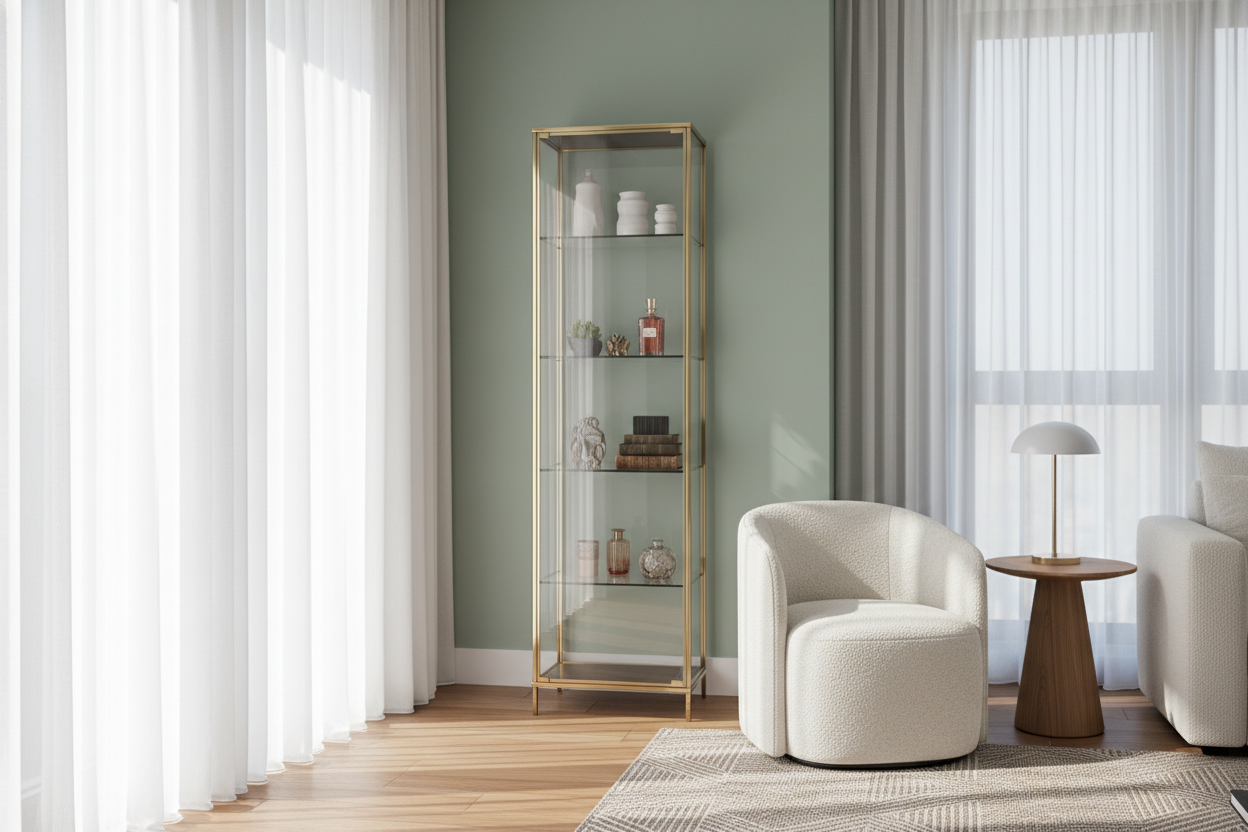 How a Small Glass Display Case With Shelves Fixed My Awkward Nook