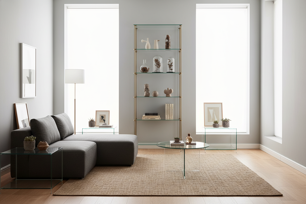 Your Dark Living Room Needs a Glass Display Shelf (Not More Wood)