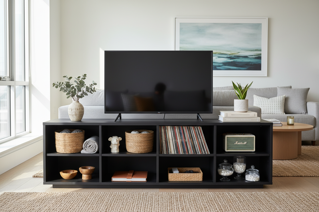 Your Console Isn't a Junk Drawer: What to Put in TV Stand Shelves