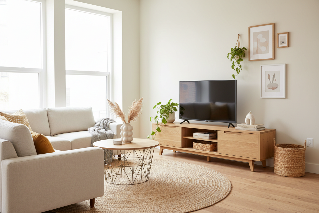 I Replaced My Heavy Black Console With a Light Wood Television Stand