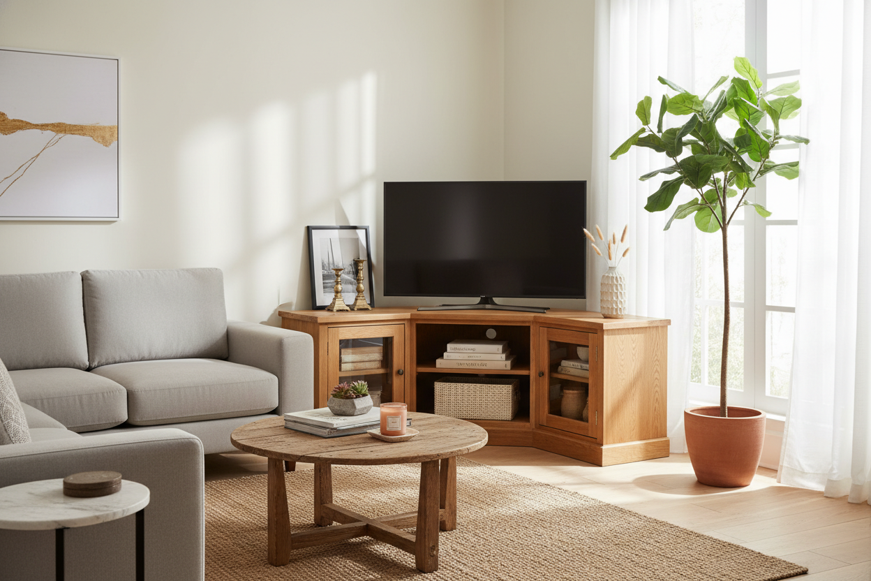 I Solved My Impossible Living Room Layout With a Corner Oak TV Stand