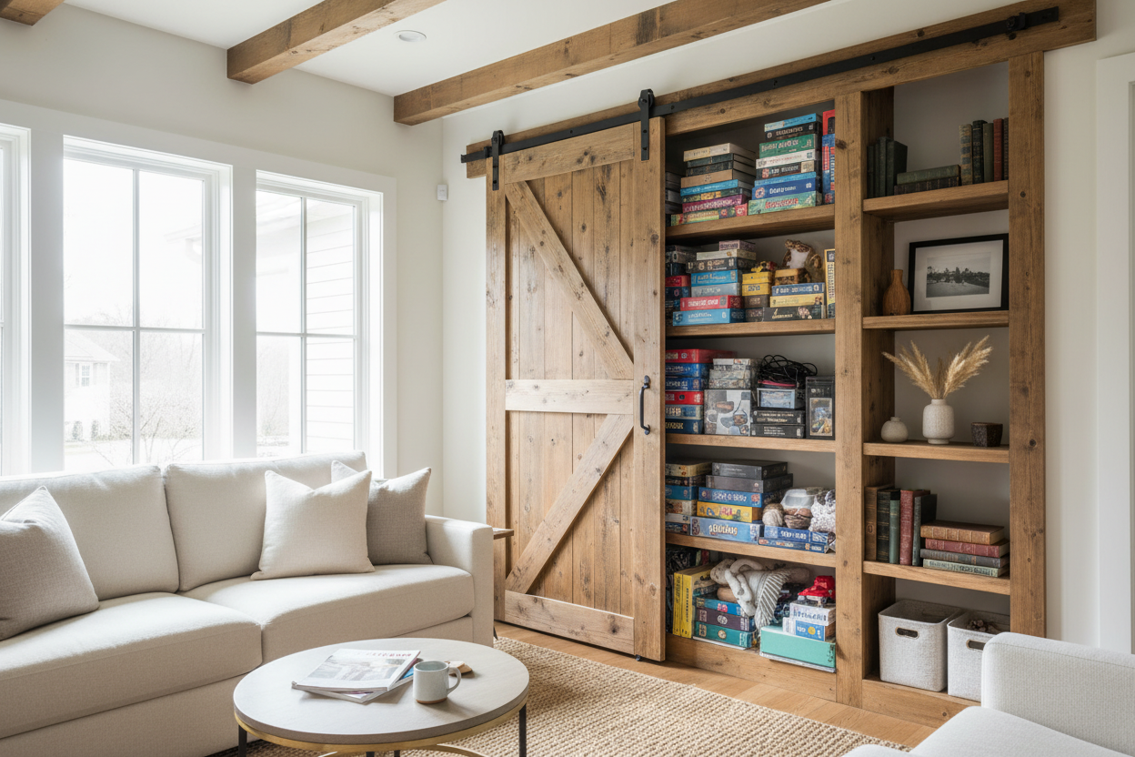 I Hid My Living Room Mess Inside a Barn Door Bookcase