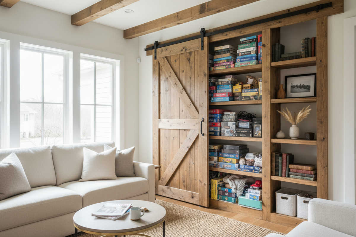 I Hid My Living Room Mess Inside a Barn Door Bookcase
