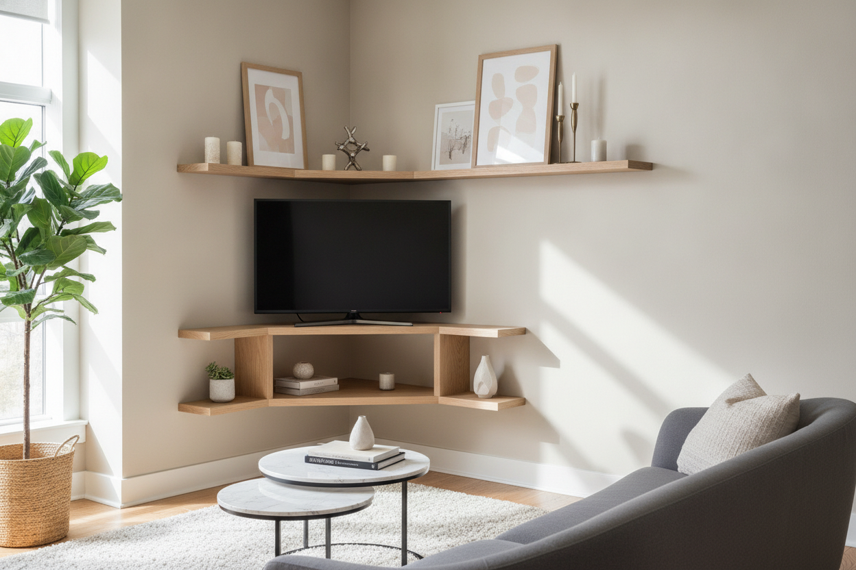 My Awkward Living Room Needed a Corner Shelf for a TV