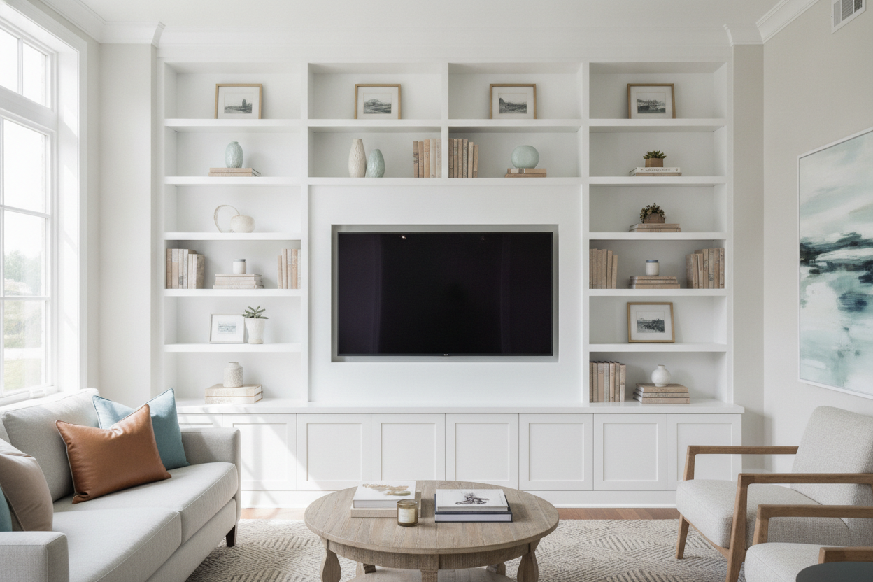 How I Finally Hid My Giant TV With a White Bookcase TV Stand