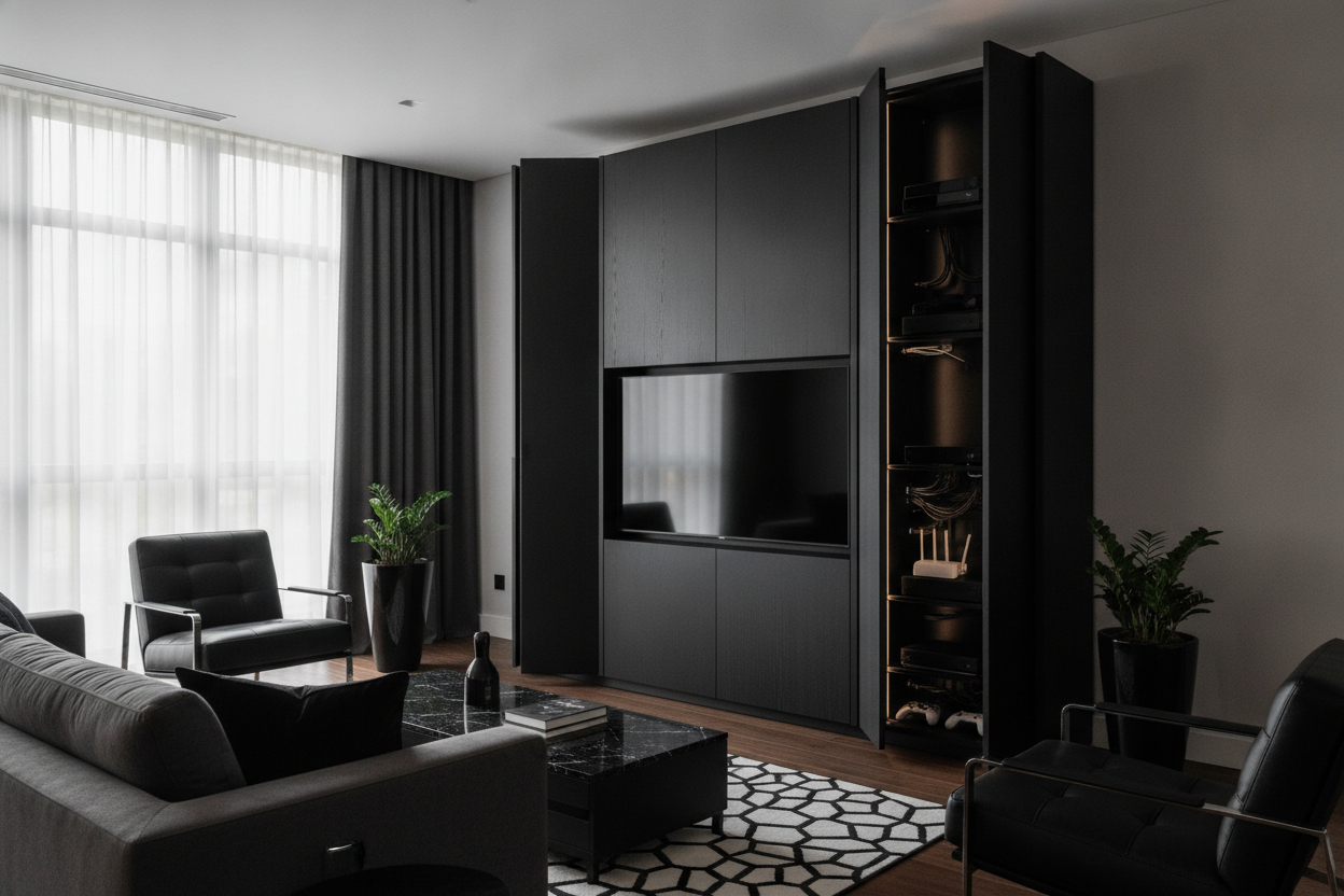 I Hid Our Entire 'Tech Farm' Inside a Black Tall TV Stand