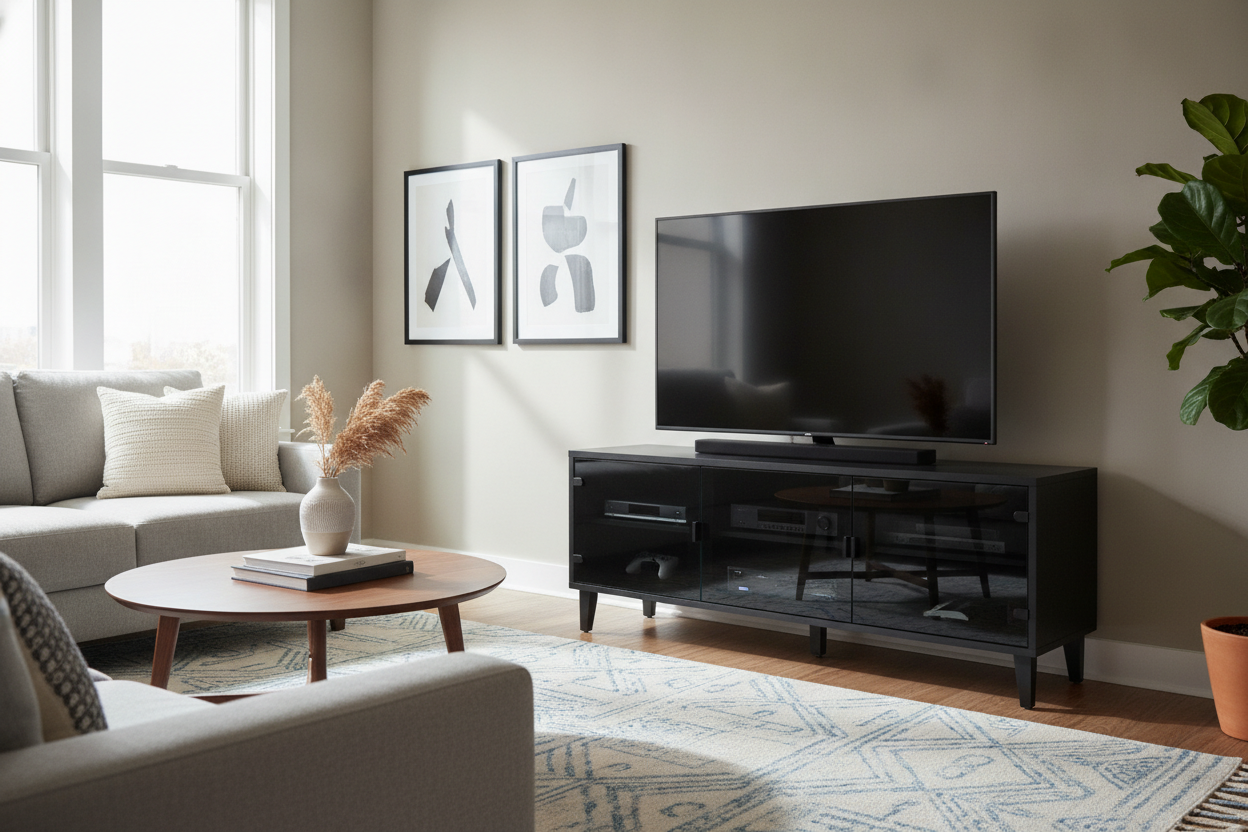 Your Cords Are Showing (Why a Black TV Stand Glass Doors Combo Fixes It)