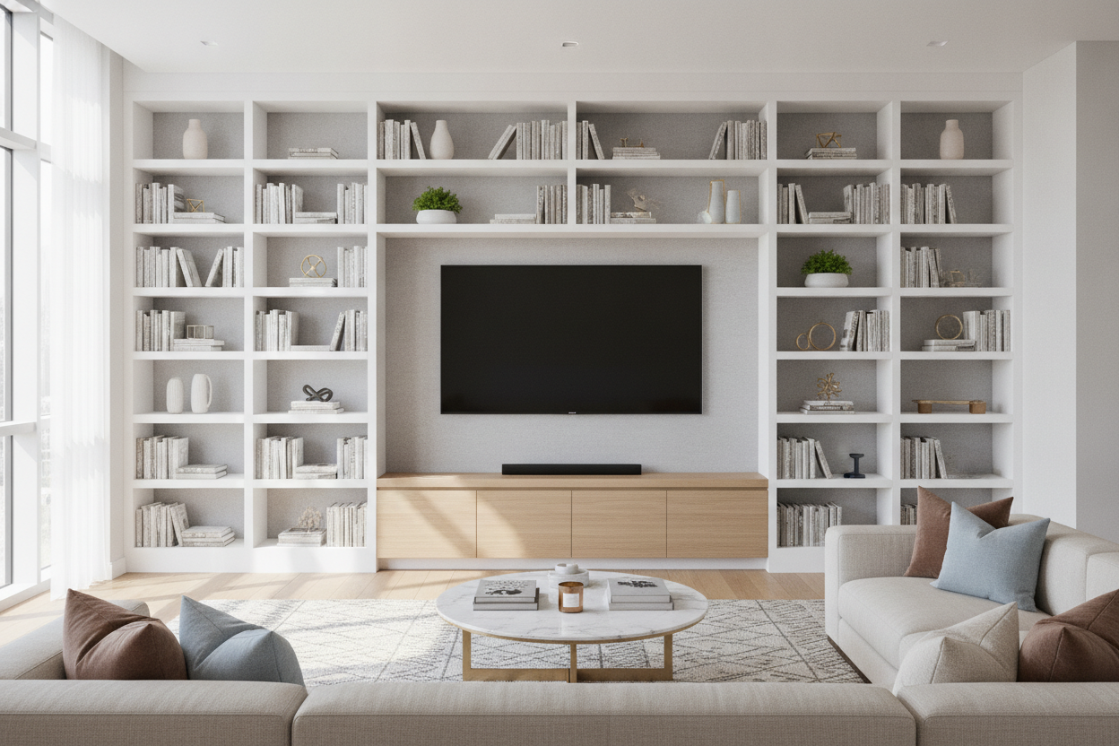 Hate Your Big Blank Wall? Try Bookshelves on Either Side of TV