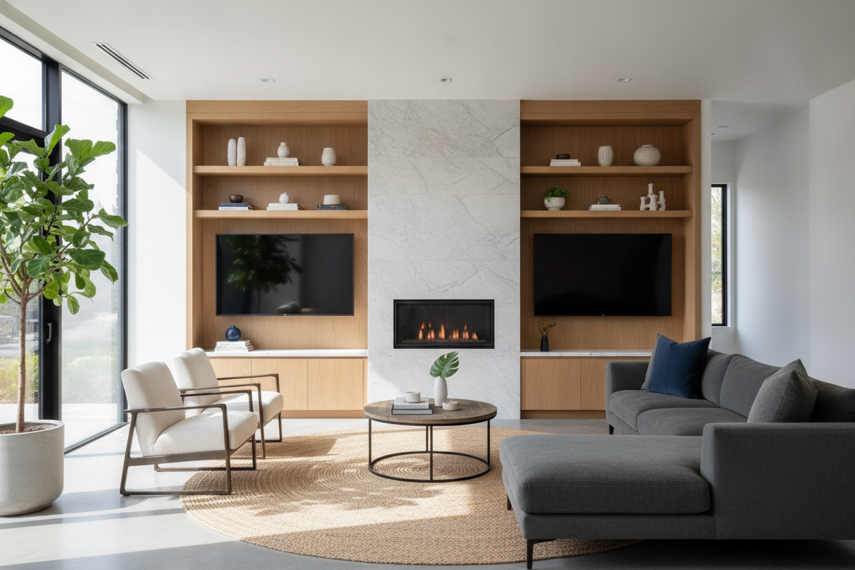 Your Awkward Room Needs a TV Stand Around Fireplace