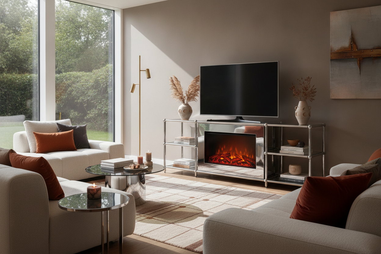 Can a Chrome Fireplace TV Stand Actually Look Cozy?