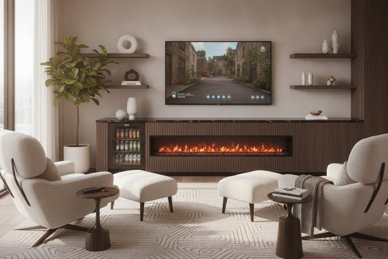 My TV Stand With Fireplace and Mini Fridge Is Peak Lazy Luxury