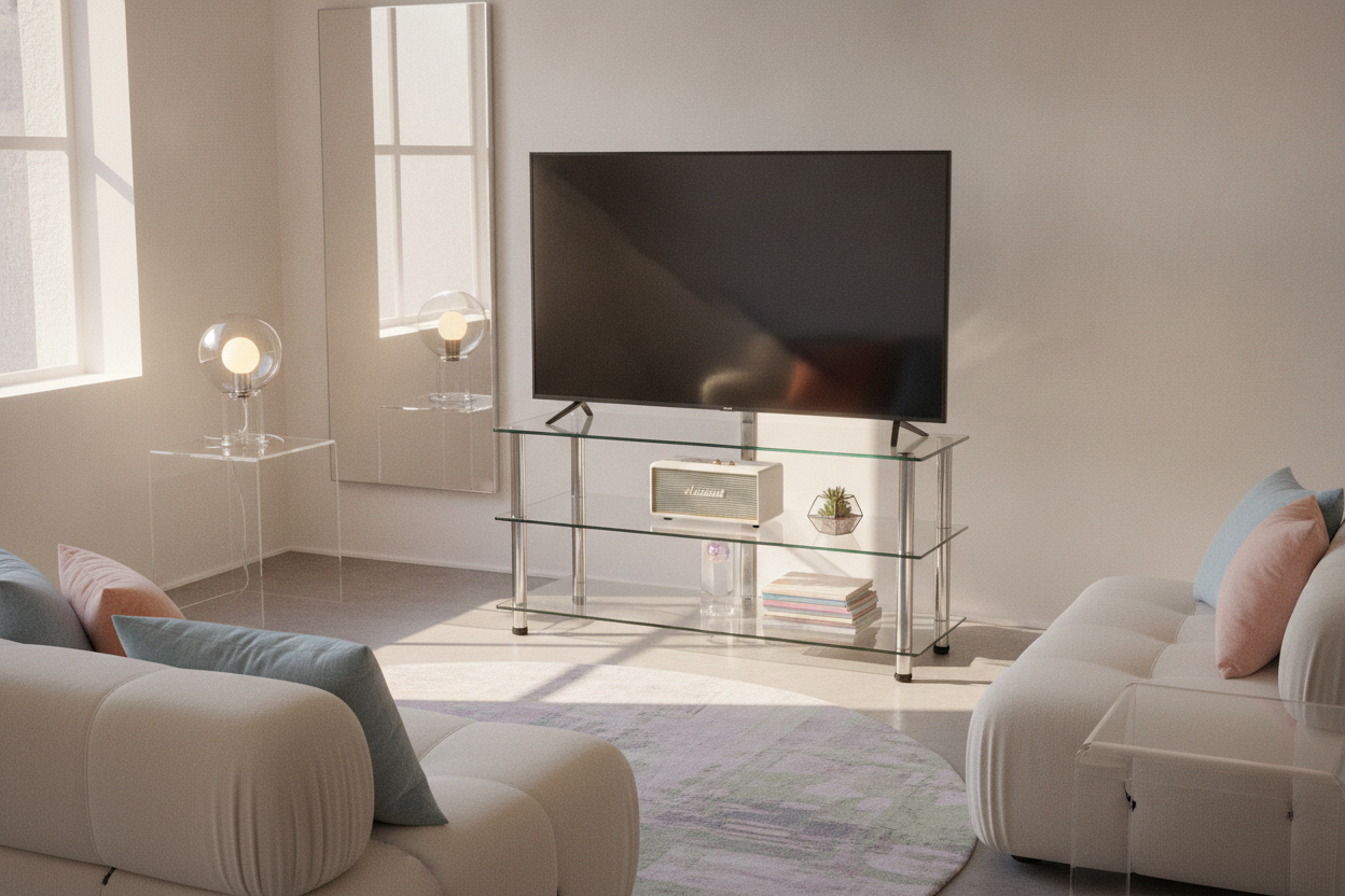 Why the Y2K Glass Television Stand Is Making a Weirdly Chic Comeback