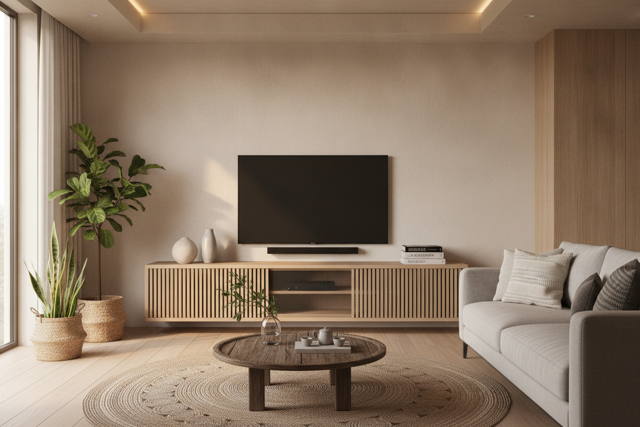 I Hid All My Ugly Tech Inside a Slatted Japandi TV Stand
