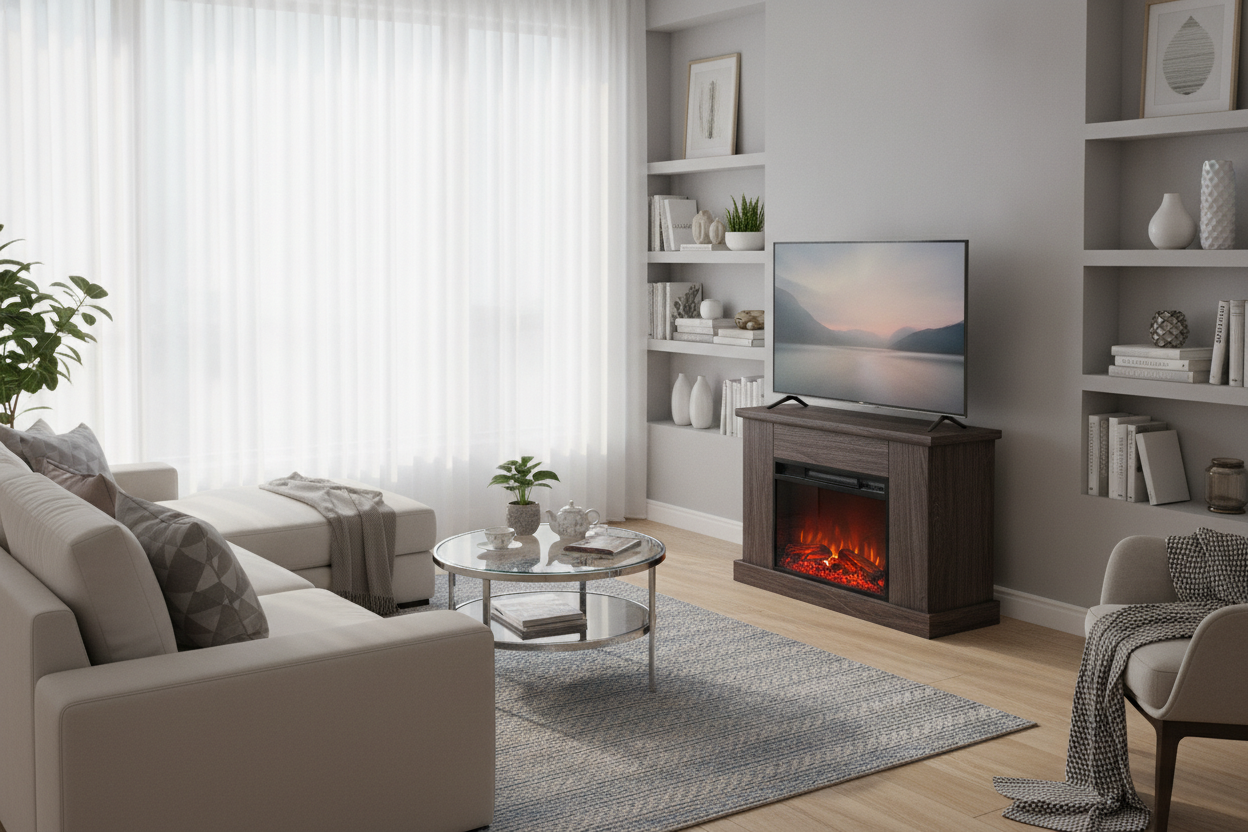 We Squeezed a 40 Inch Fireplace TV Stand Into a 400-Square-Foot Studio