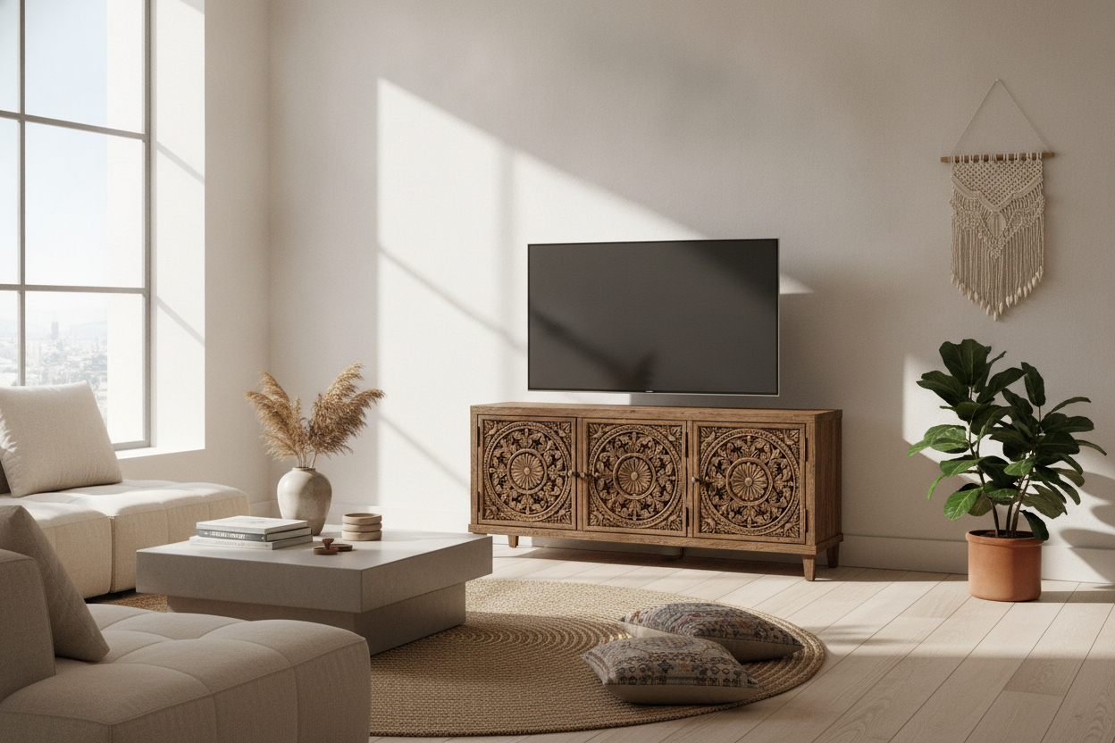 I Put a Carved World Market TV Stand in a Modern Room (And It Works)