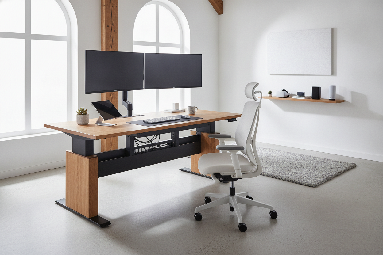 My Dual Monitors Were Too Heavy Until I Found This Electric Desk Riser