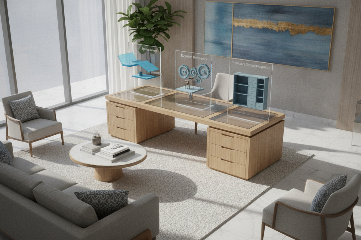 The Azure Sky Desk Planning Guide: Spatial Sizing, Elevation Mechanics, and Workspace Storage Integration
