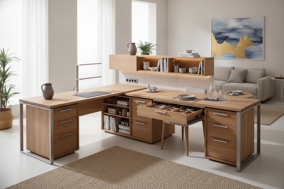 Desk and Kitchen Table Combo Blueprint: Multi-Use Forms, Transition Mechanics, Spatial Proportions, and Hybrid Storage Integration