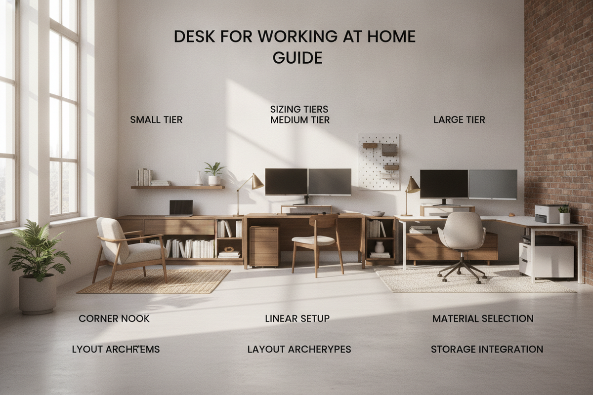 Desk for Working at Home Guide: Sizing Tiers, Layout Archetypes, Material Selection, and Storage Integration