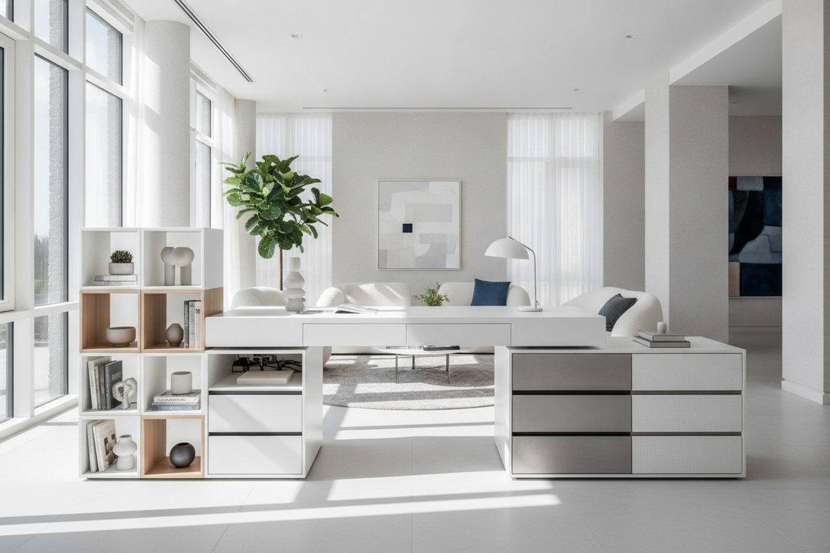White Desk Storage Blueprint: Surface Archetypes, Tiered Modules, Material Finishes, and Spatial Organization