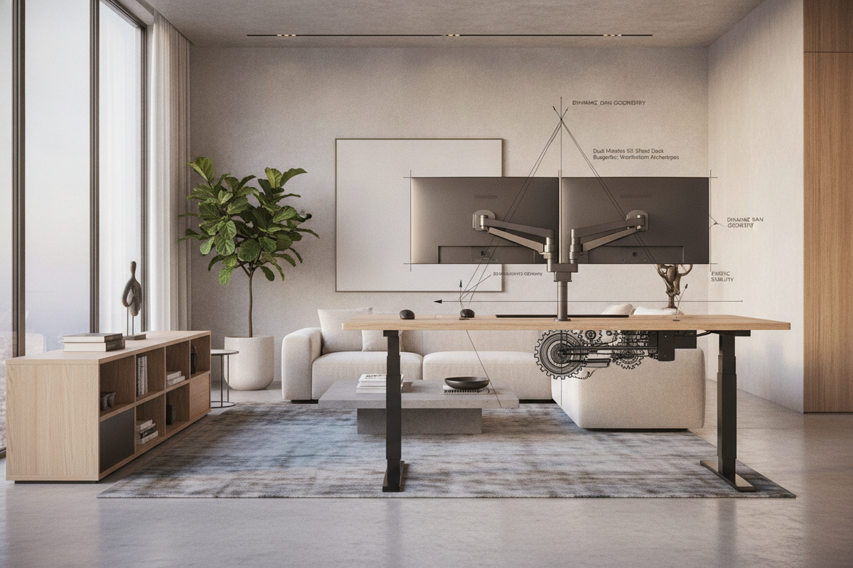 Dual Monitor Sit Stand Desk Blueprint: Workstation Archetypes, Dynamic Span Geometry, Kinetic Stability, and Storage Synergy