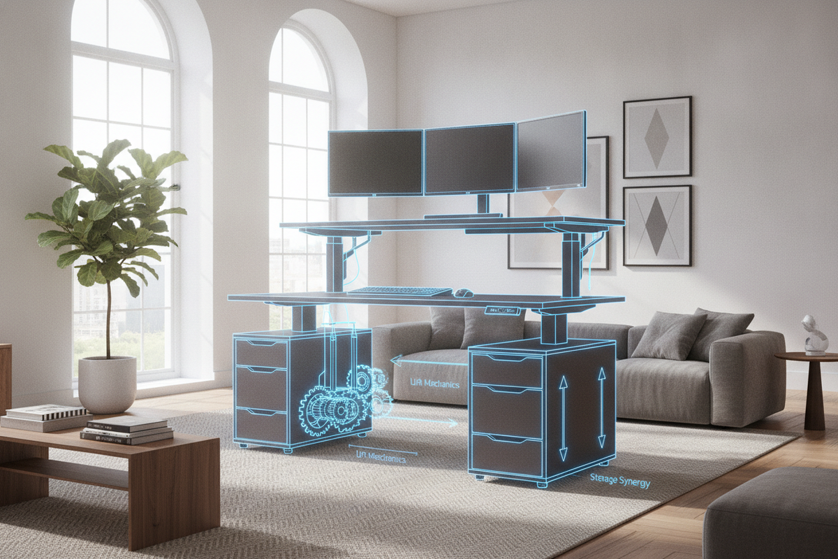 Two Tier Standing Desk Blueprint: Tiered Spatial Geometry, Dual-Platform Ergonomics, Lift Mechanics, and Storage Synergy