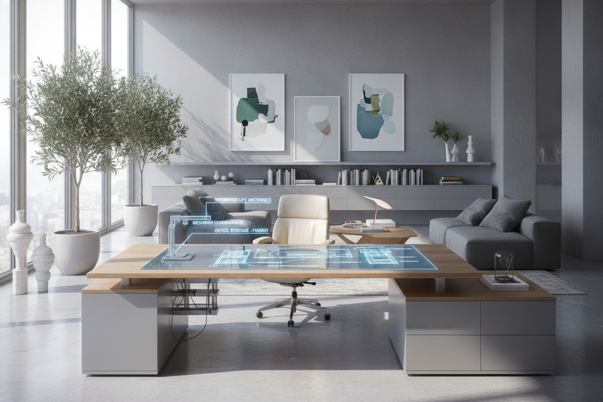 Automatic Standing Desk Converter Blueprint: Motorized Lift Mechanics, Desktop Clearances, and Office Storage Synergy