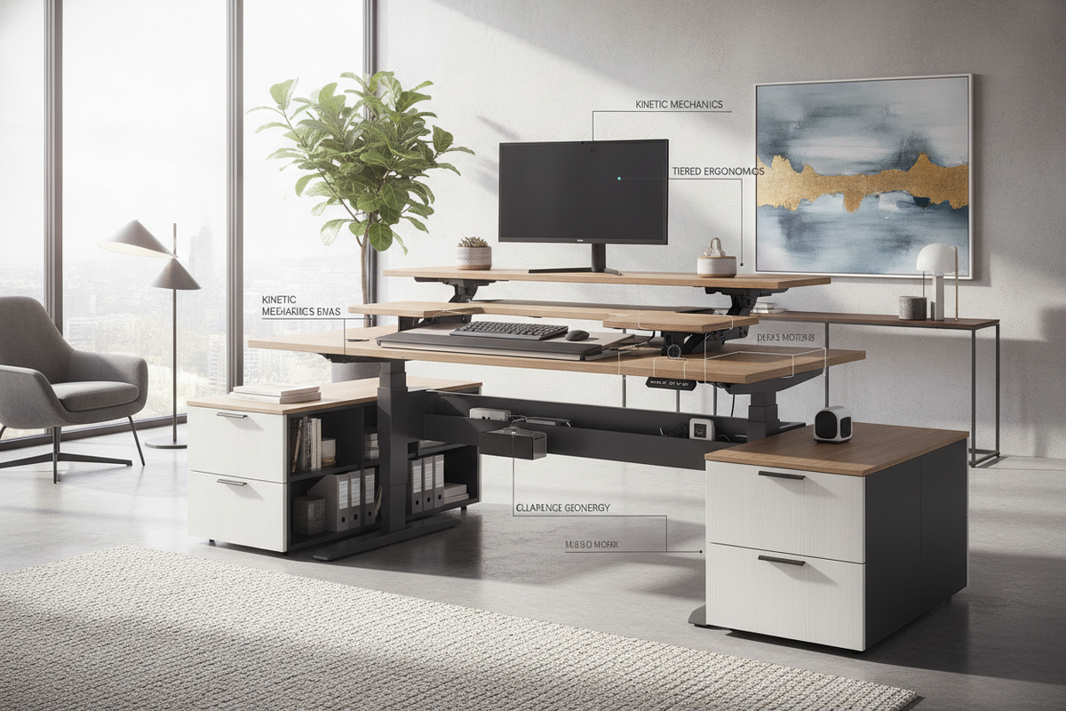 Electric Adjustable Height Desk with Keyboard Tray Blueprint: Kinetic Mechanics, Tiered Ergonomics, Clearance Geometry, and Office Storage Synergy