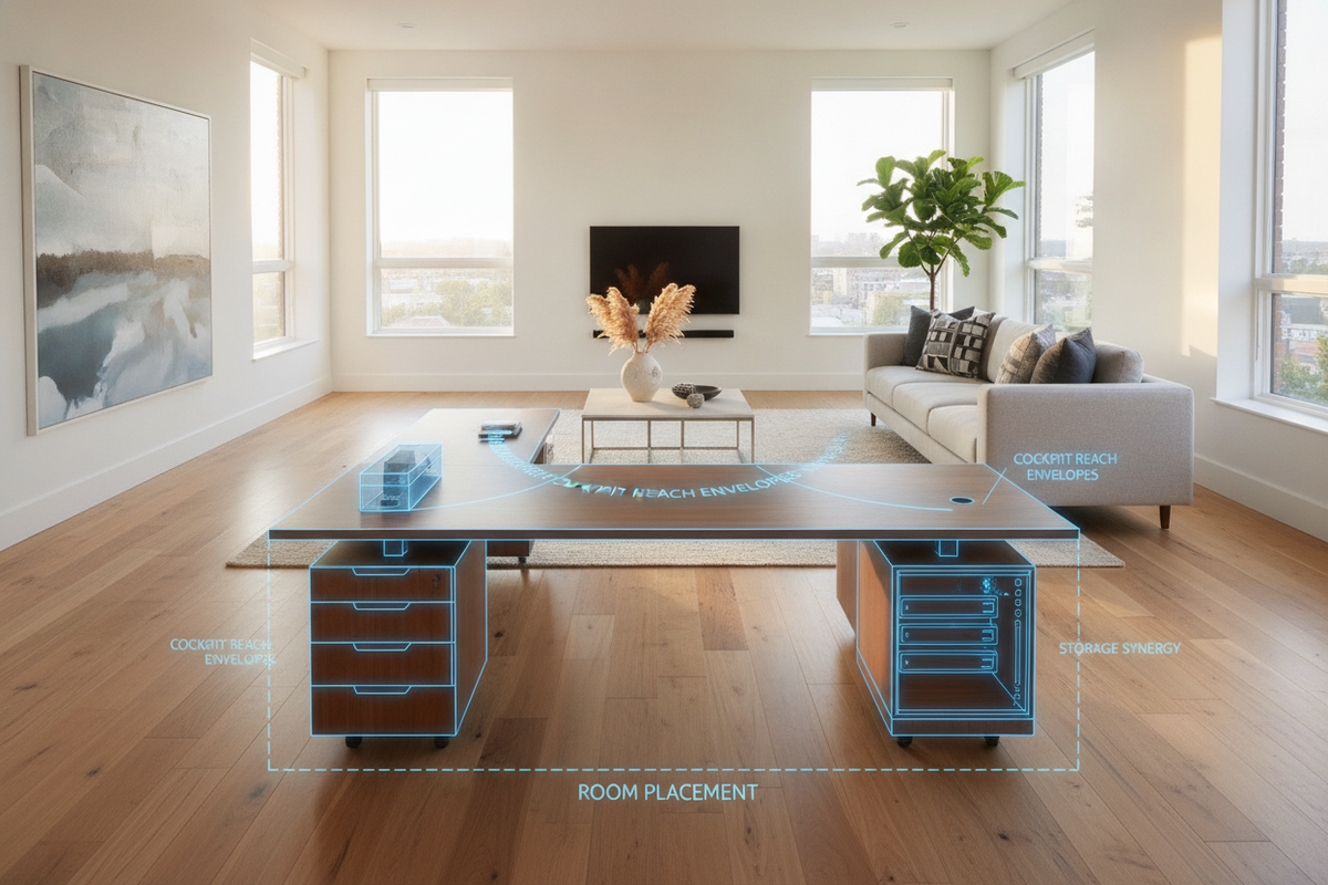 Ergonomic L-Shaped Computer Desk Blueprint: Dual-Wing Geometry, Cockpit Reach Envelopes, Room Placement, and Storage Synergy